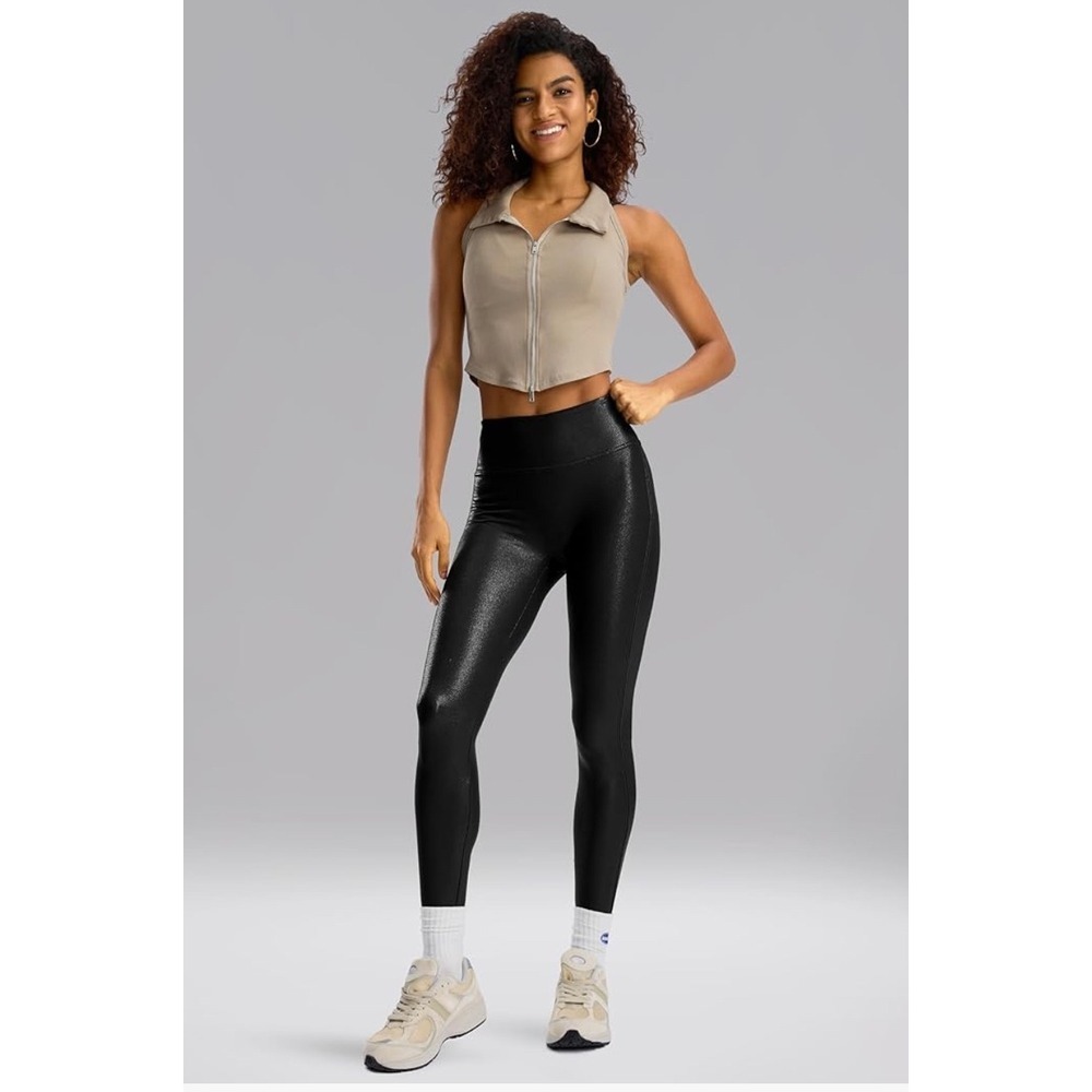 Santiny Womens High Waisted Faux Leather Shimmer Leggings Black Siz M Activewear